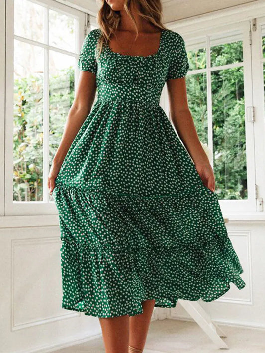Vintage Print Puff Sleeve Summer Dress