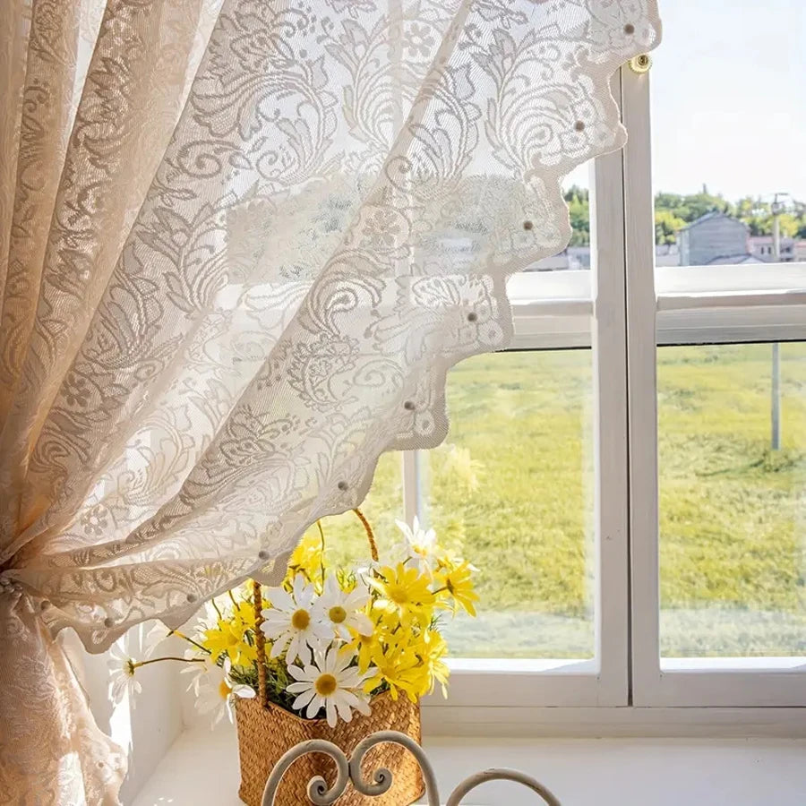 French Country Lace & Bead Curtain | Phoenix Tail Wave Design | Sheer Panel for Living Room & Bedroom