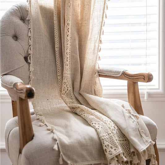 Boho Linen Lace Tassel Curtains | Rod Pocket Sheer Panels for Living Room, Bedroom & Kitchen