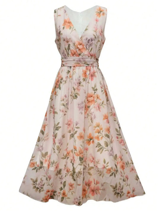 Floral Chiffon Wrap Midi Dress | V-Neck High Waist Sleeveless Dress for Women