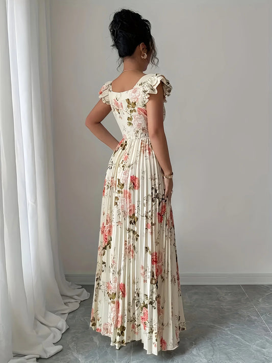 Ivory Floral Pleated Ankle-Length Dress | Square Neck Evening Gown for Women