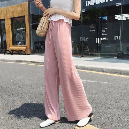 Wide Leg Pleated Ice Silk Pants | Elastic Waist