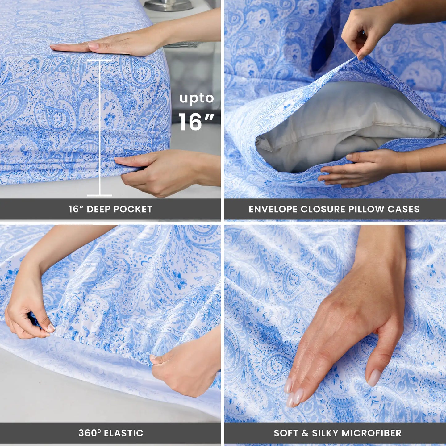 Lux Decor 4-Piece Paisley Bed Sheet Set – Soft Brushed Microfiber Sheets with 16" Deep Pockets – Wrinkle-Resistant Bedding