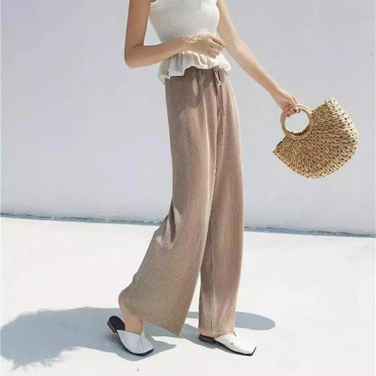 Wide Leg Pleated Ice Silk Pants | Elastic Waist