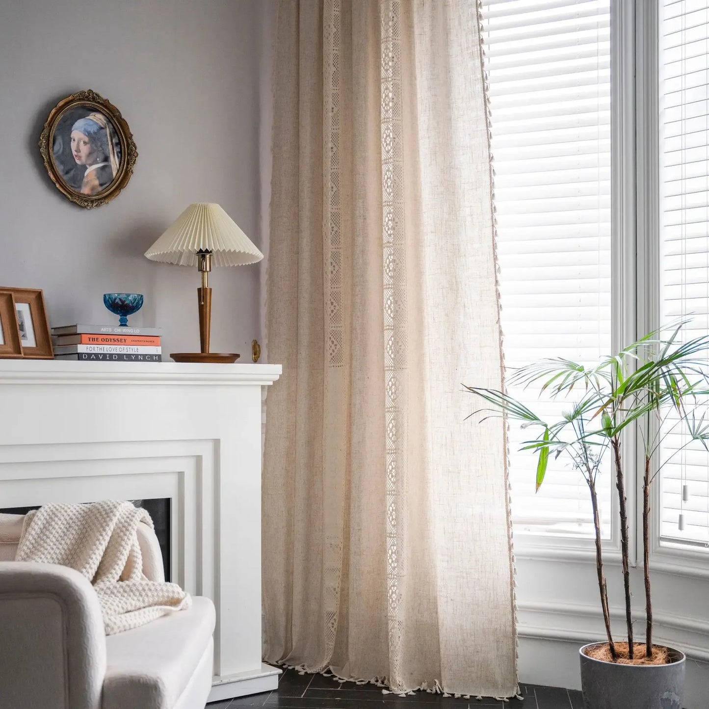 Boho Linen Lace Tassel Curtains | Rod Pocket Sheer Panels for Living Room, Bedroom & Kitchen