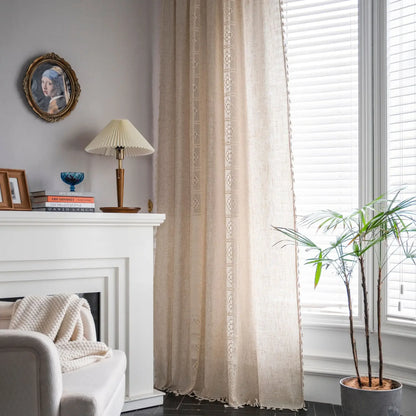 Boho Linen Lace Tassel Curtains | Rod Pocket Sheer Panels for Living Room, Bedroom & Kitchen