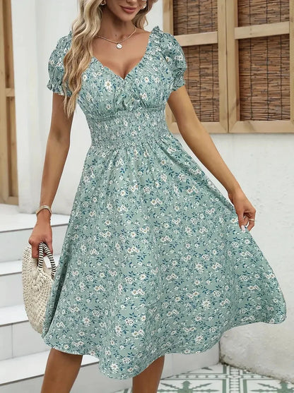Vintage Floral Puff Sleeve Dress | V-Neck Elastic Waist Beach & Party Dress