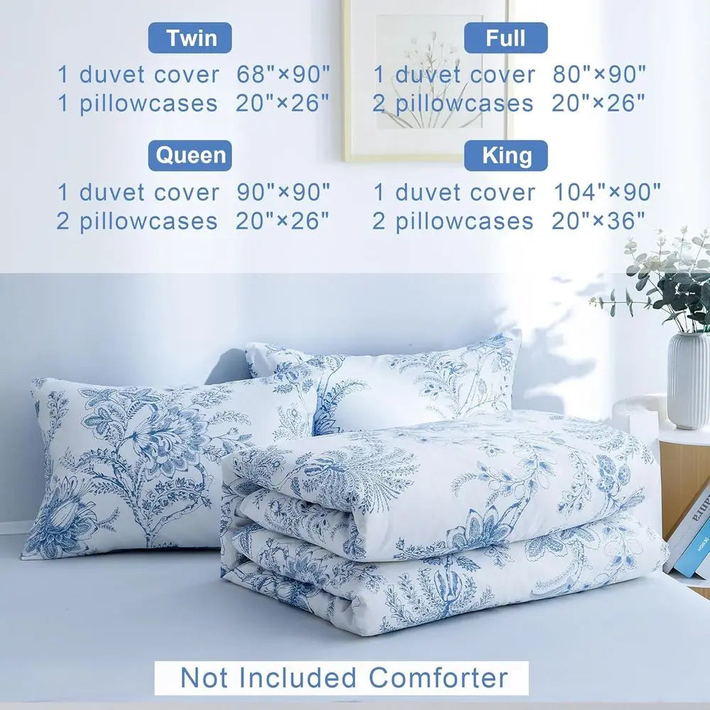 Queen Floral Duvet Cover Set | White & Blue Breathable Bedding