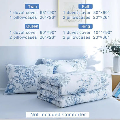 Queen Floral Duvet Cover Set | White & Blue Breathable Bedding