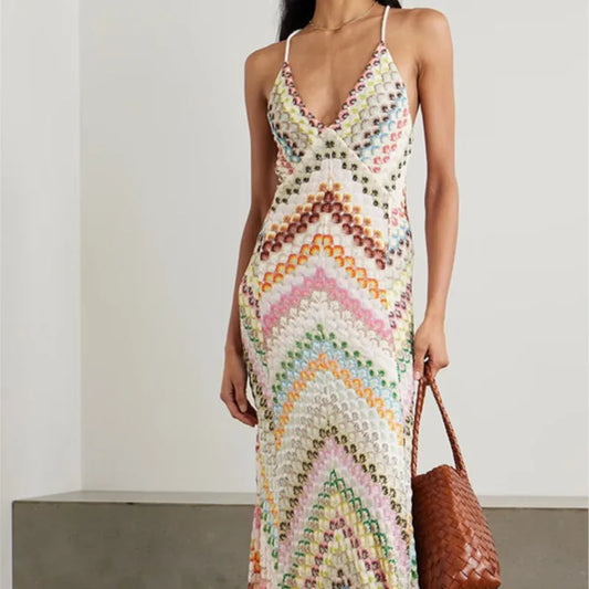 Boho Maxi Dress Sleeveless Long Skirt Deep V Neck