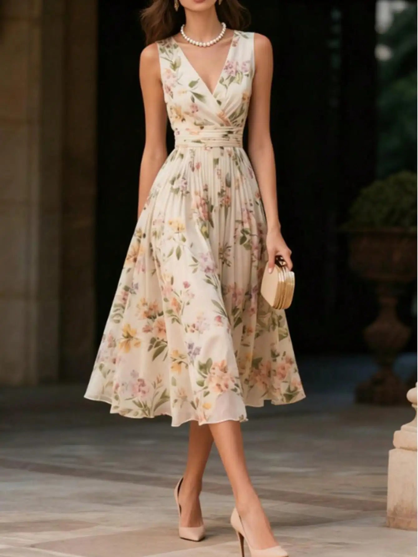 Floral Chiffon Wrap Midi Dress | V-Neck High Waist Sleeveless Dress for Women
