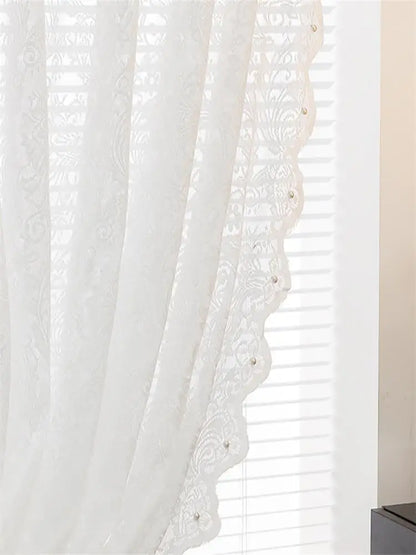 French Vintage White Lace Beaded Gauze Curtains | Sheer Wave Lace Panels for Living Room & Bedroom