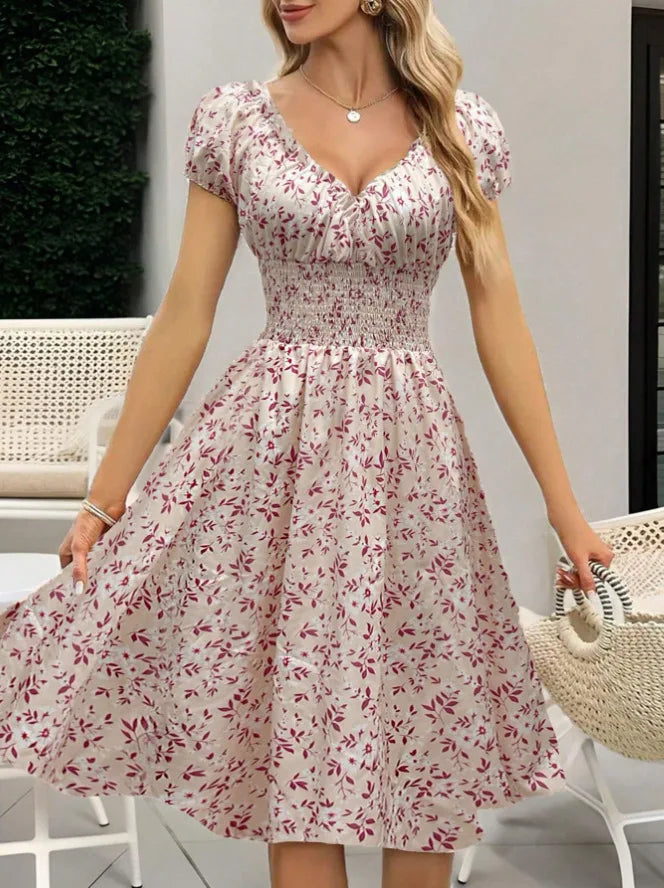 Vintage Floral Puff Sleeve Dress | V-Neck Elastic Waist Beach & Party Dress