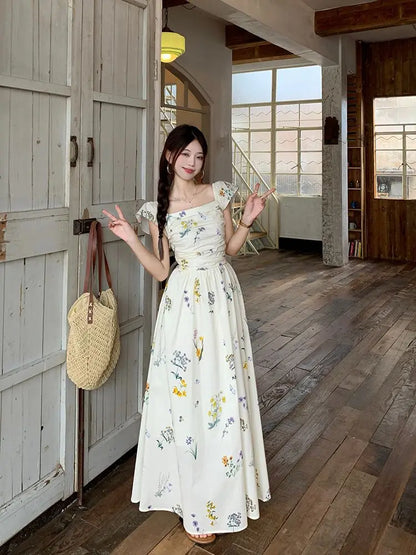 Summer Floral Print Maxi Dress | Square Collar Sleeveless Korean Style
