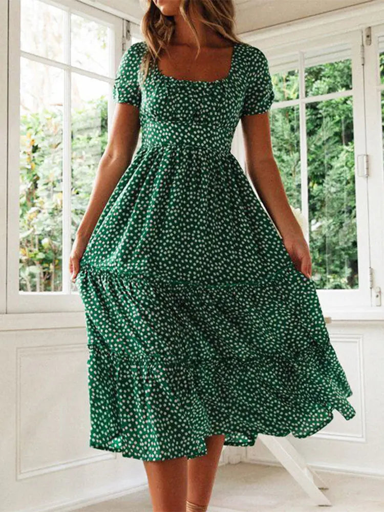 Vintage Print Puff Sleeve Summer Dress