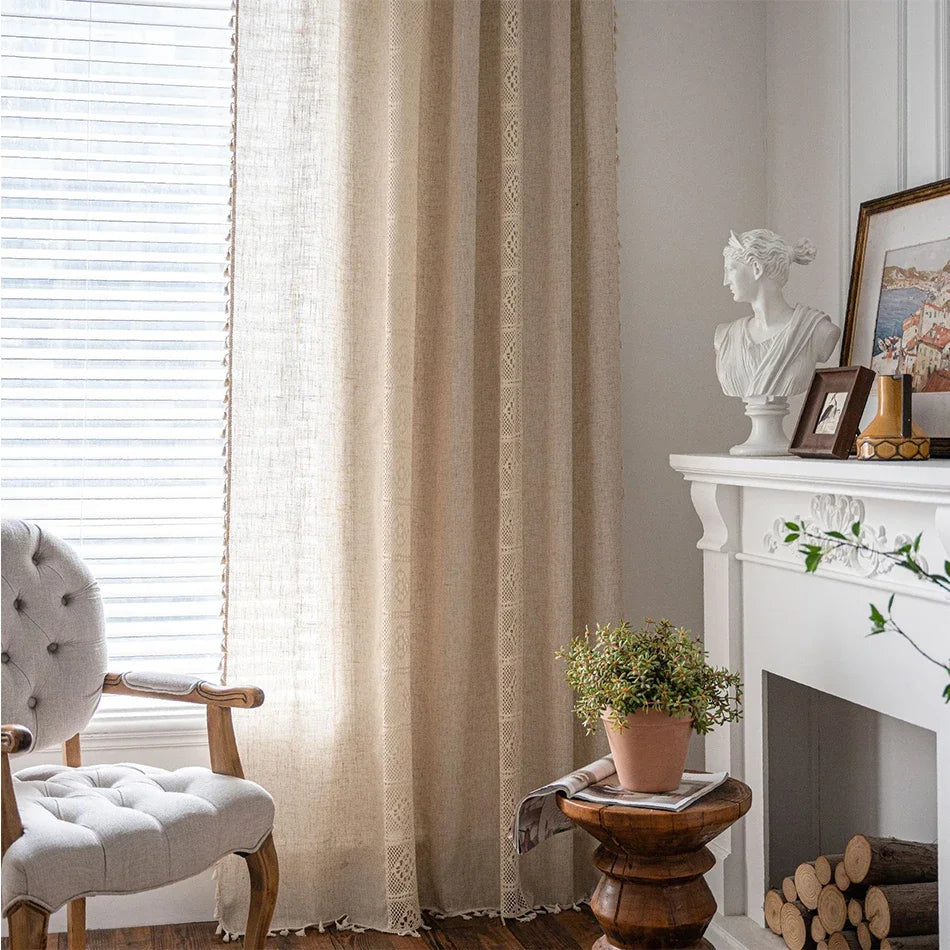 Boho Linen Lace Tassel Curtains | Rod Pocket Sheer Panels for Living Room, Bedroom & Kitchen