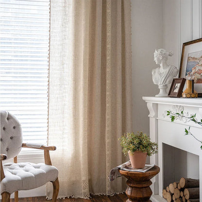 Boho Linen Lace Tassel Curtains | Rod Pocket Sheer Panels for Living Room, Bedroom & Kitchen