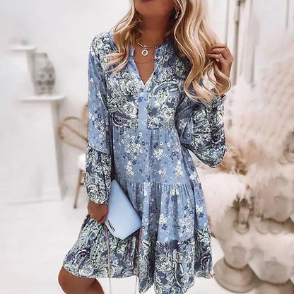 Boho Floral V-Neck Mini Dress | Batwing Sleeve