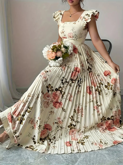 Ivory Floral Pleated Ankle-Length Dress | Square Neck Evening Gown for Women