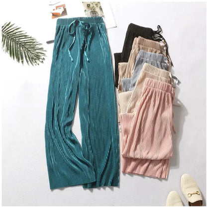 Wide Leg Pleated Ice Silk Pants | Elastic Waist