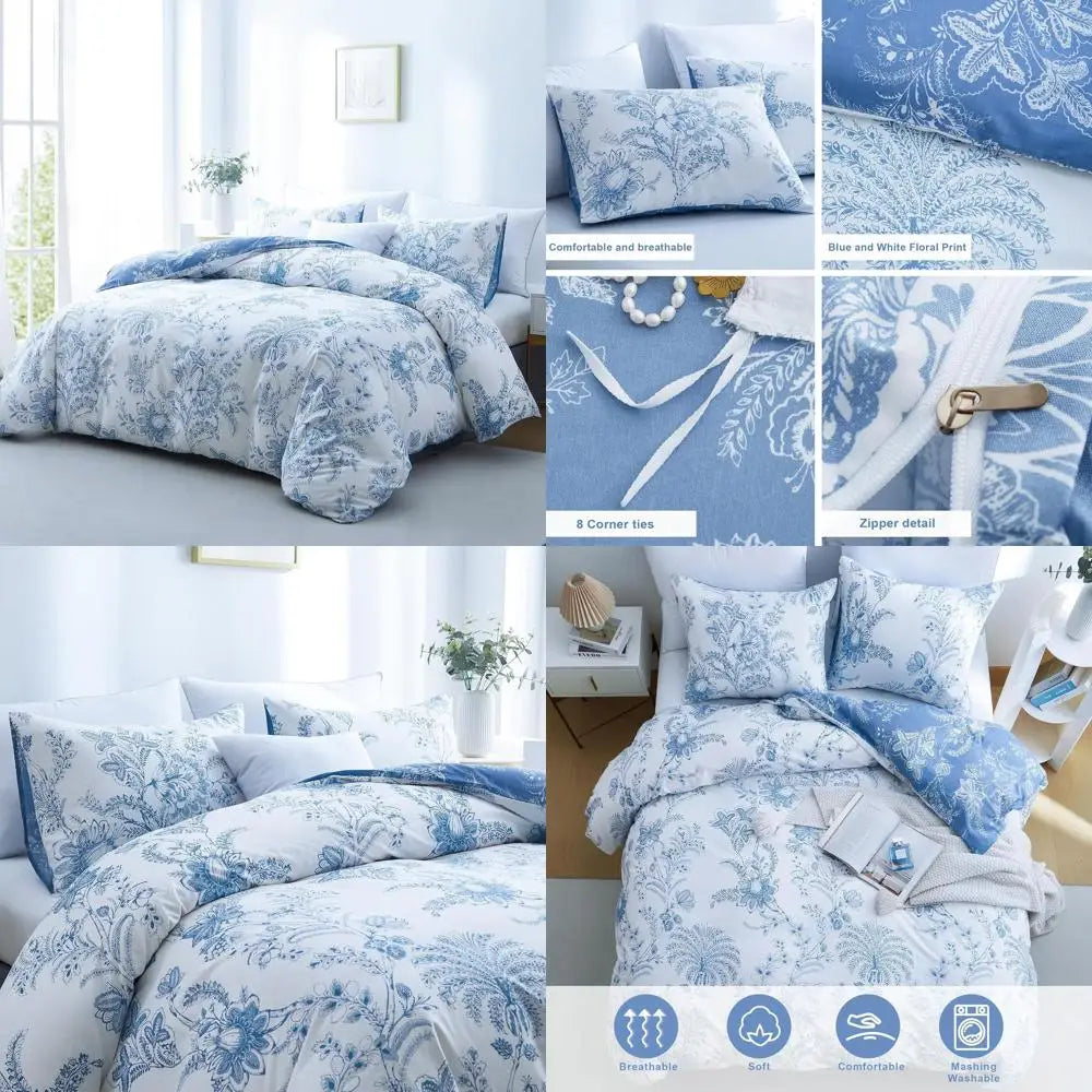 Queen Floral Duvet Cover Set | White & Blue Breathable Bedding