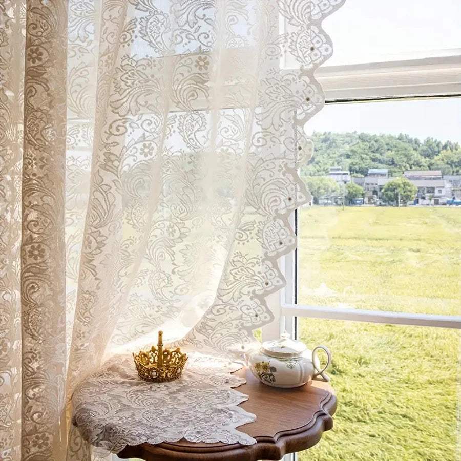 French Country Lace & Bead Curtain | Phoenix Tail Wave Design | Sheer Panel for Living Room & Bedroom