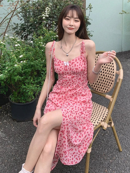 French Style Floral Chiffon Sling Dress | Waist-Cinched Slim Mid-Calf Vacation Dress