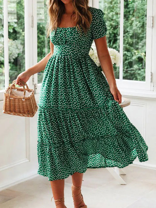Vintage Print Puff Sleeve Summer Dress