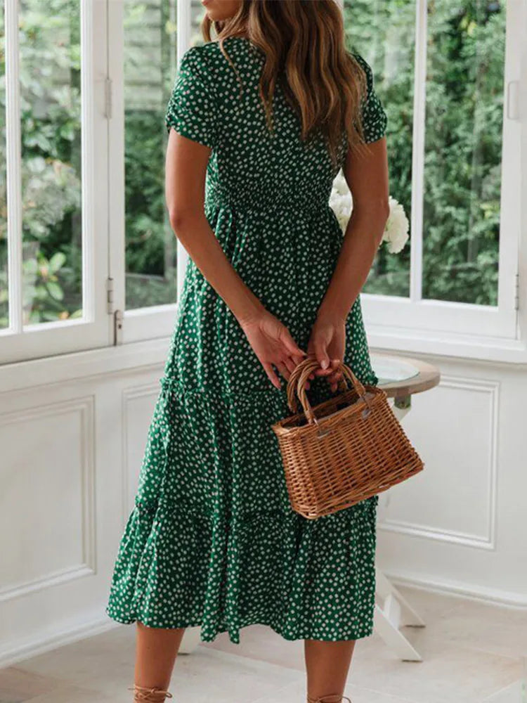 Vintage Print Puff Sleeve Summer Dress