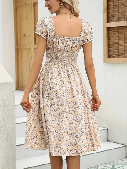 Vintage Floral Puff Sleeve Dress | V-Neck Elastic Waist Beach & Party Dress