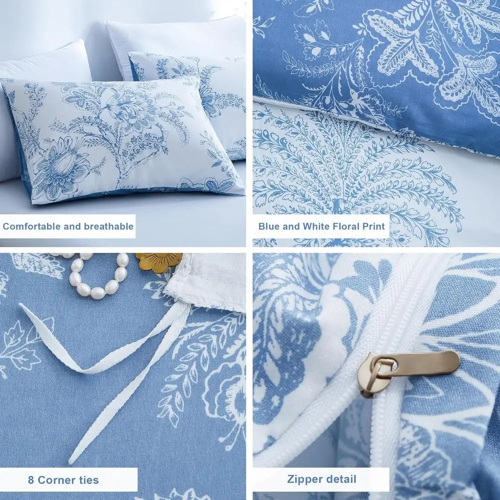 Queen Floral Duvet Cover Set | White & Blue Breathable Bedding