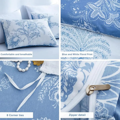 Queen Floral Duvet Cover Set | White & Blue Breathable Bedding