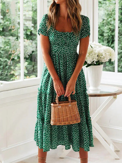 Vintage Print Puff Sleeve Summer Dress