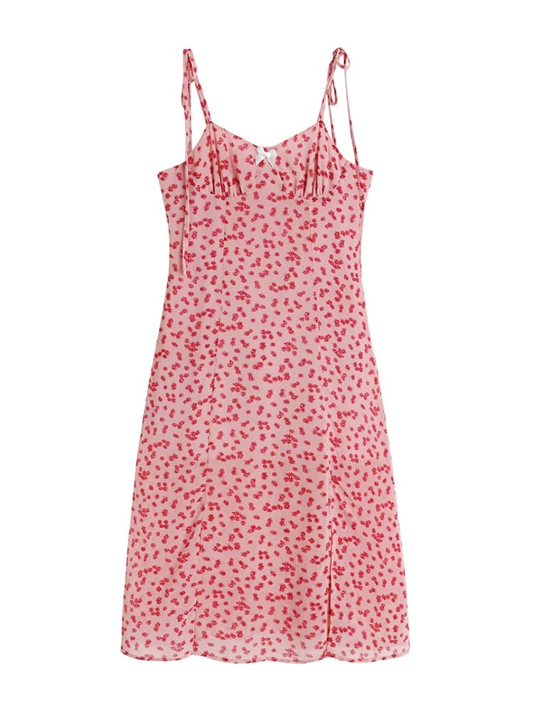 French Style Floral Chiffon Sling Dress | Waist-Cinched Slim Mid-Calf Vacation Dress