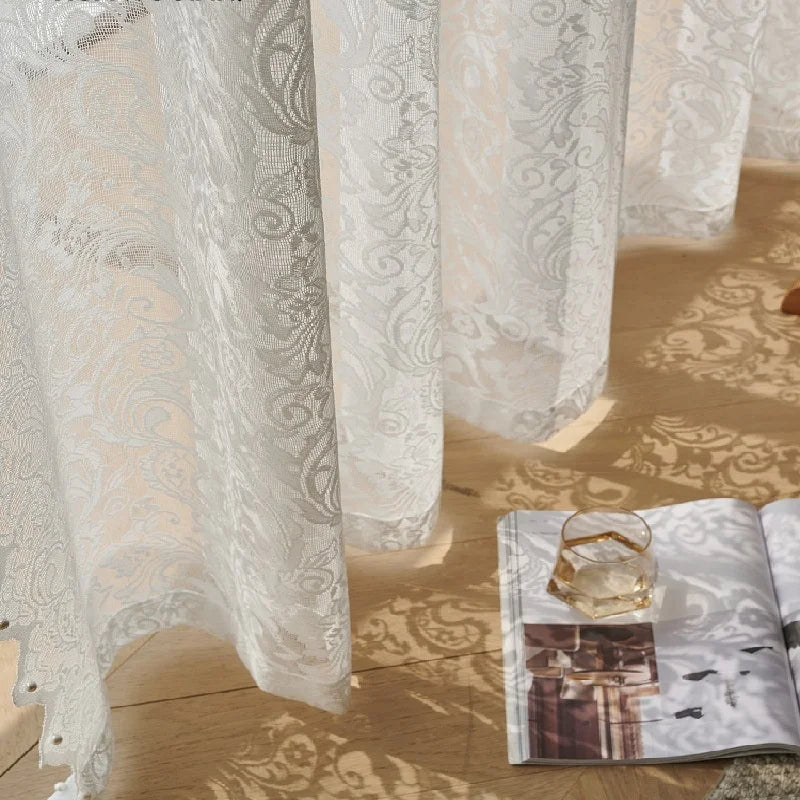 French Vintage White Lace Beaded Gauze Curtains | Sheer Wave Lace Panels for Living Room & Bedroom