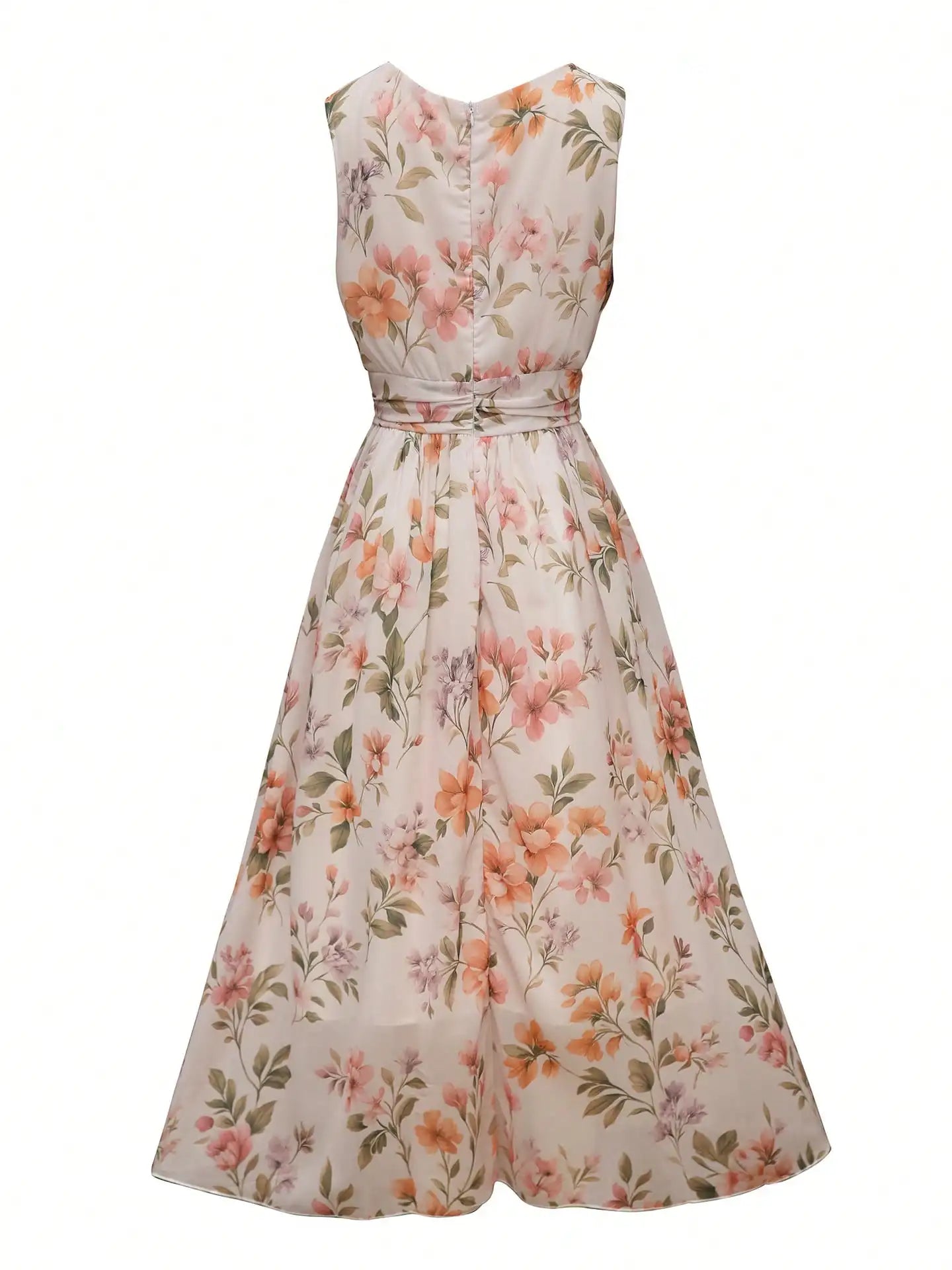 Floral Chiffon Wrap Midi Dress | V-Neck High Waist Sleeveless Dress for Women