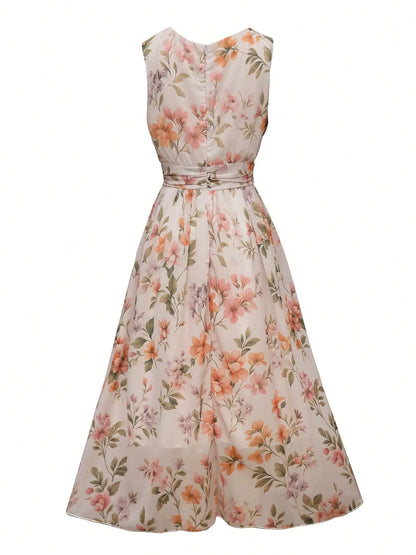 Floral Chiffon Wrap Midi Dress | V-Neck High Waist Sleeveless Dress for Women