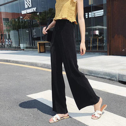 Wide Leg Pleated Ice Silk Pants | Elastic Waist