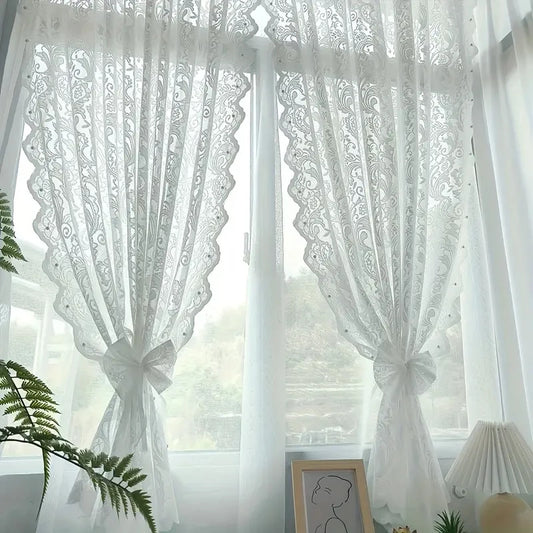 French Vintage White Lace Beaded Gauze Curtains | Sheer Wave Lace Panels for Living Room & Bedroom