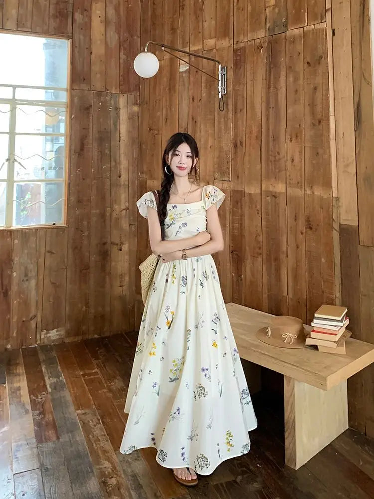 Summer Floral Print Maxi Dress | Square Collar Sleeveless Korean Style