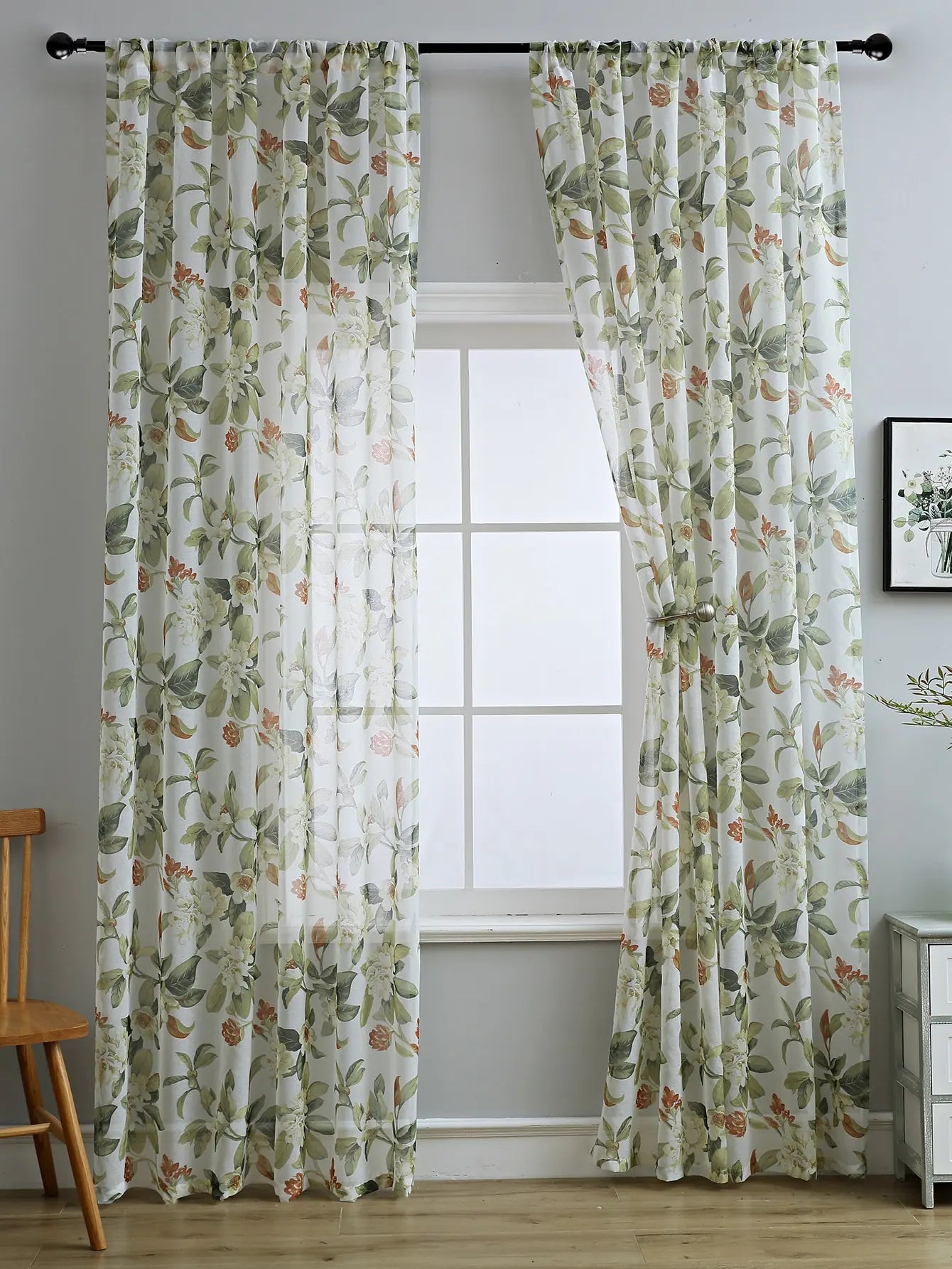 Red Floral Sheer Curtains | Light-Filtering Semi-Sheer Panels for Living Room