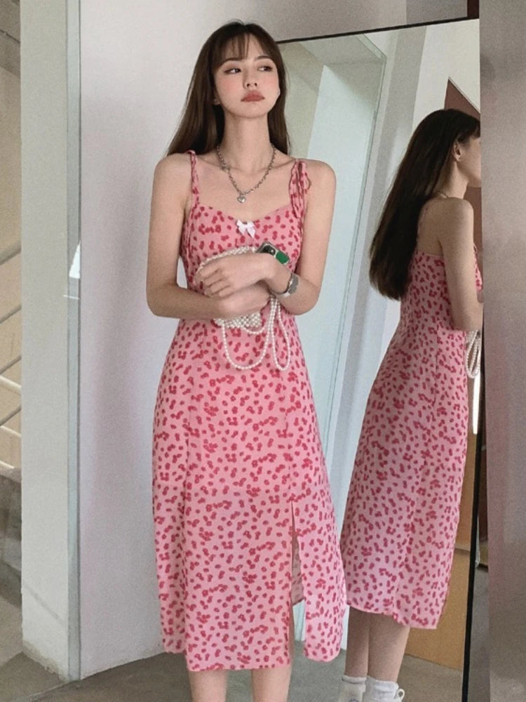French Style Floral Chiffon Sling Dress | Waist-Cinched Slim Mid-Calf Vacation Dress