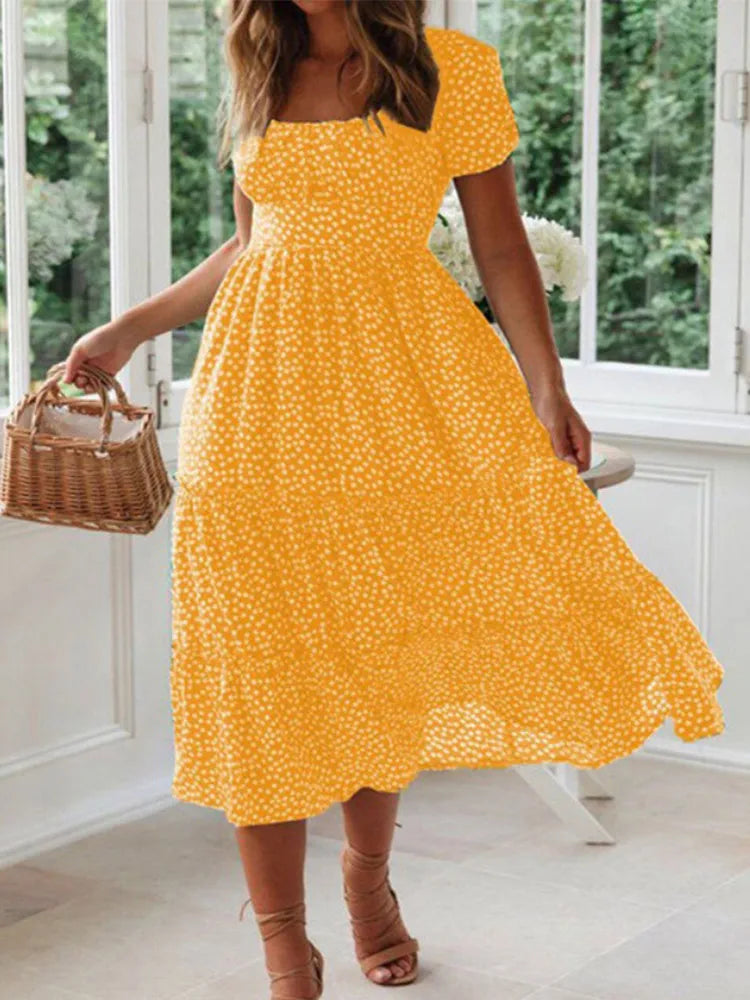 Vintage Print Puff Sleeve Summer Dress