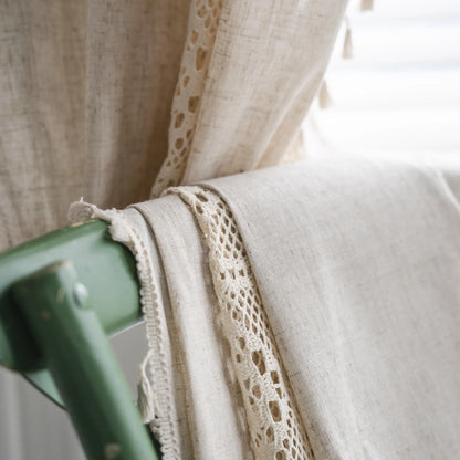 Boho Linen Lace Tassel Curtains | Rod Pocket Sheer Panels for Living Room, Bedroom & Kitchen