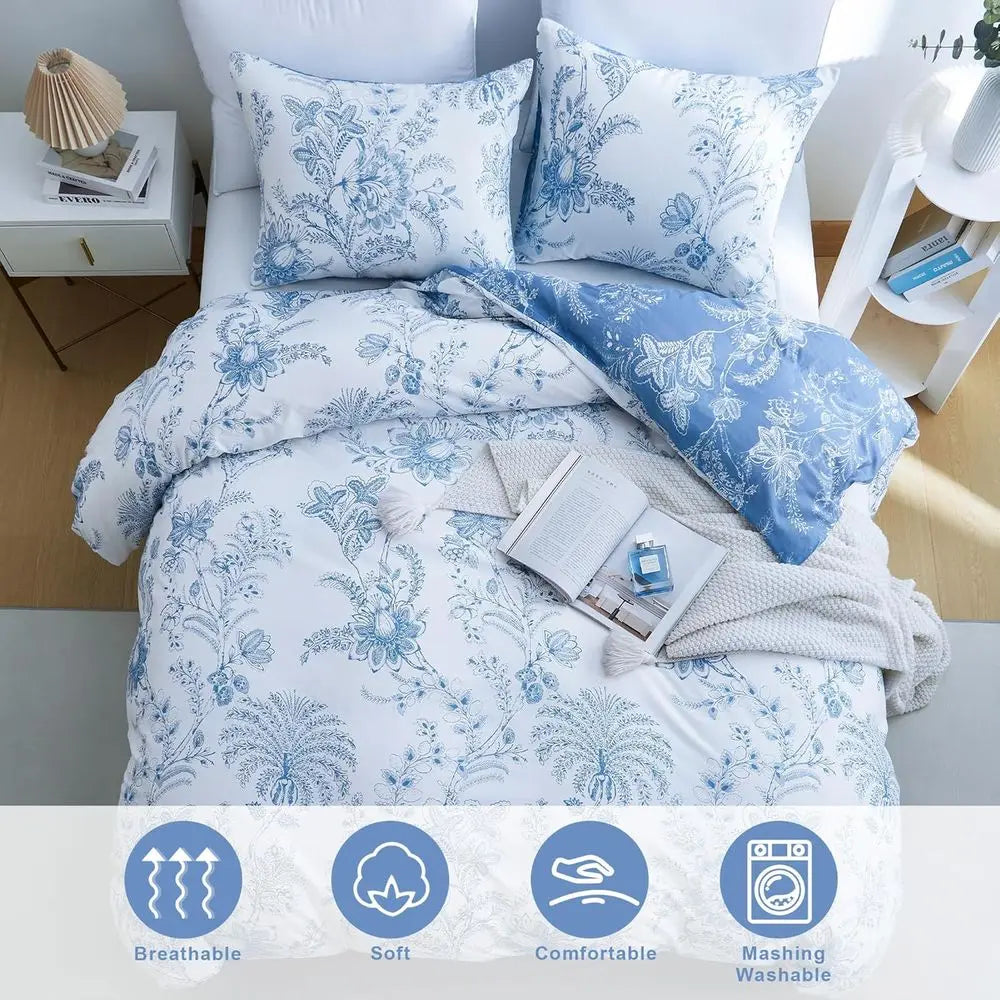 Queen Floral Duvet Cover Set | White & Blue Breathable Bedding