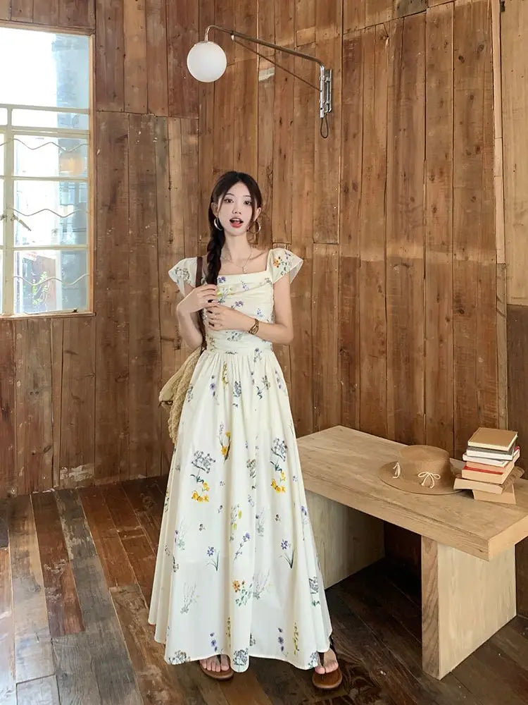 Summer Floral Print Maxi Dress | Square Collar Sleeveless Korean Style
