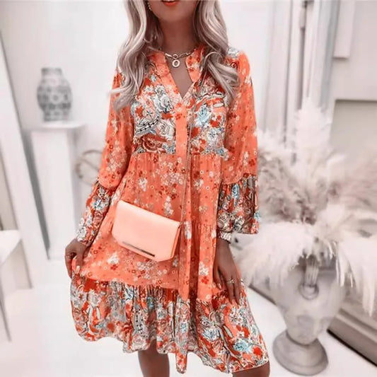 Boho Floral V-Neck Mini Dress | Batwing Sleeve