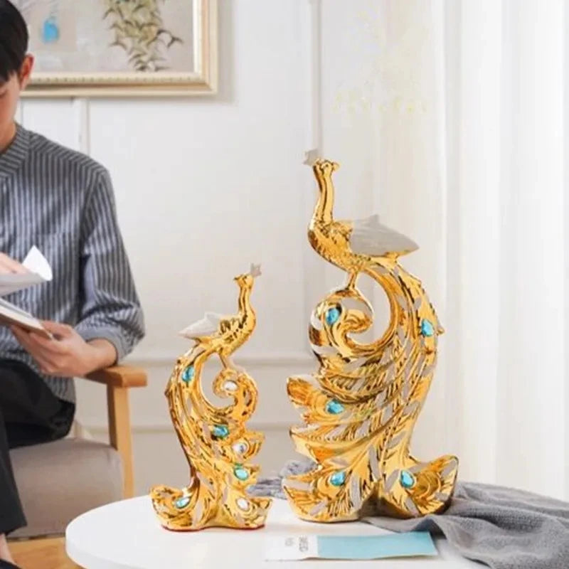 Gold Phoenix Peacock Ceramic Sculpture | Home Decor