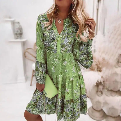 Boho Floral V-Neck Mini Dress | Batwing Sleeve