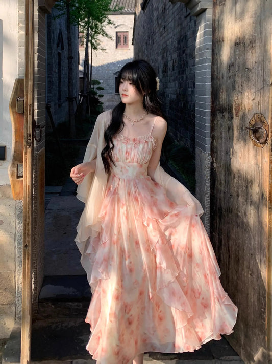 Floral Chiffon Camisole Dress | Strapless Ruffle Beach Dress for Women